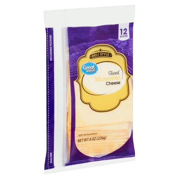 Great Value Deli Style Sliced Muenster Cheese, 12 count, 8 oz - Walmart.com | Walmart (US)