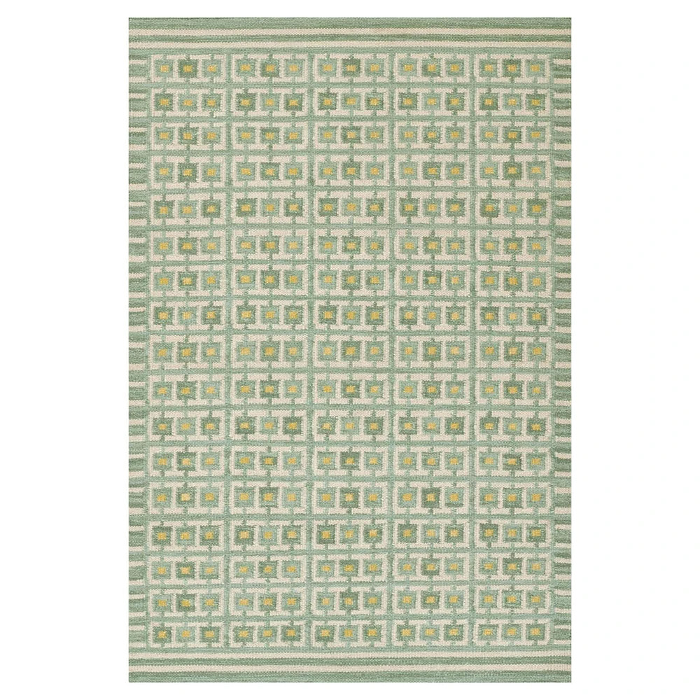 Carys Updated Traditional Green Wool Grid Patterned Rug - 8'x10' | Kathy Kuo Home