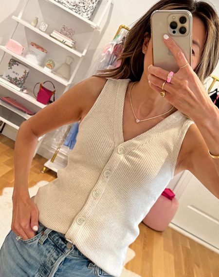 Faves: this ribbed button front vest that also looks great under a blazer or jacket and jewelry (ring & bracelet) from Bon Bon Whims 💕💕

#LTKstyletip #LTKfindsunder100 #LTKxMadewell