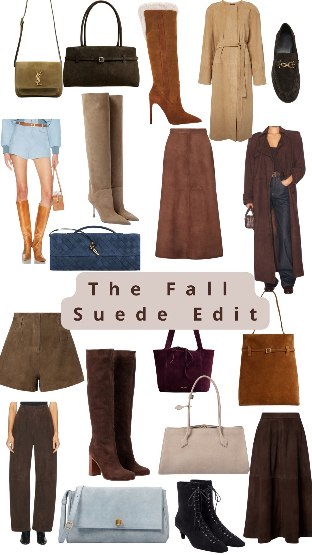 The Fall Suede Edit — my essential suede lineup for September–November. Knee-high boots (block + stiletto), A-line midi skirts, tailored shorts, wide-leg pants, wrap/trench coats, loafers, structured totes/buckets and an evening clutch. Palette: cognac, chocolate, taupe, olive, with a pop of burgundy and an ice-blue accent. I linked luxury + premium high-street options across price points. Wear now with denim and a crisp shirt; later with cashmere and tights. Tap to shop each piece and save this board for outfit planning.

suede boots, knee high boots, brown midi skirt, suede trench, wrap coat, suede shorts, suede trousers, lace-up ankle boots, bucket bag, tote bag, burgundy bag, chocolate brown, cognac, taupe, fall outfit, french riviera style, parisian chic, capsule wardrobe, timeless basics, luxury and high street

#LTKstyle #LTKSeasonal #LTKFinds #FallFashion #SuedeEdit #KneeHighBoots #CapsuleWardrobe #ParisianStyle

#LTKstyletip #LTKautumn #LTKFashionMonth