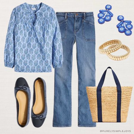 ⭐️ 50% off Spring outfit idea 
Blue and white outfit 
Love the print on this split neck top
Also comes in a dress style
Tweed ballet flats 
Straw handbag 
Bootcut jeans 
Bootcut utility jeans 

#LTKsalealert #LTKworkwear #LTKfindsunder50