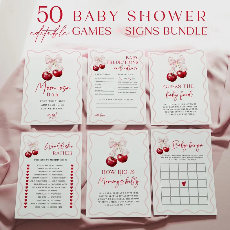 Cherry Baby Shower Games Bundle Pink Bow Cherry Baby Shower Signs Set Coquette Girl Baby Shower G... | Etsy (US)