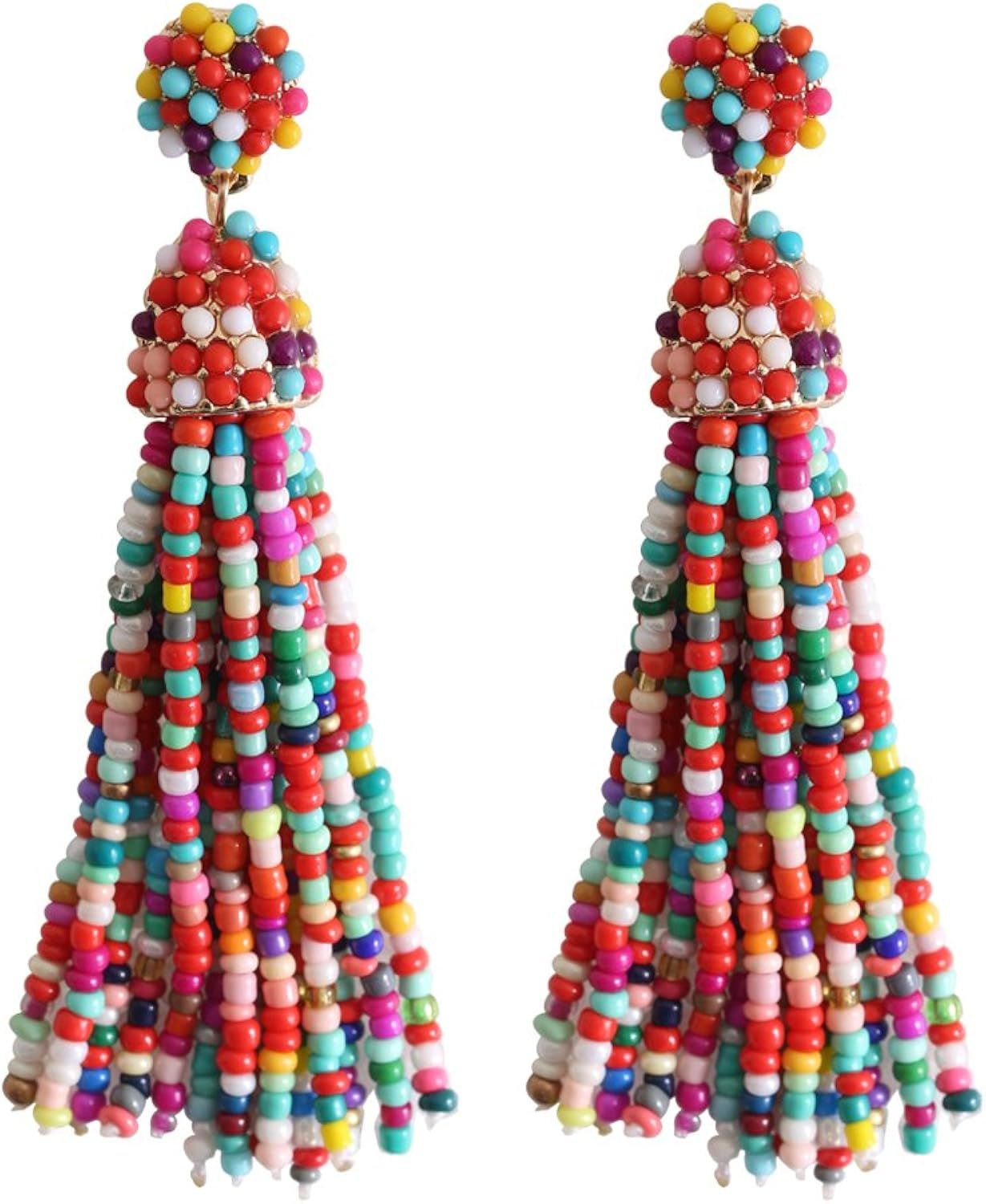 NLCAC Women's Beaded tassel earrings Long Fringe Drop Earrings Dangle 6 Colors | Amazon (US)