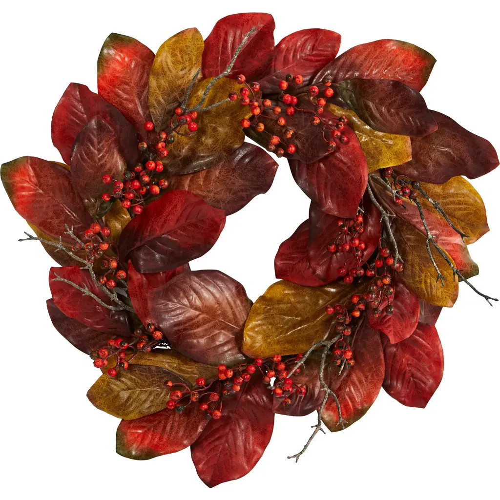 NEARLY NATURAL 24-in Harvest Magnolia Leaf and Berries Artificial Wreath in Orange at Nordstrom | Nordstrom