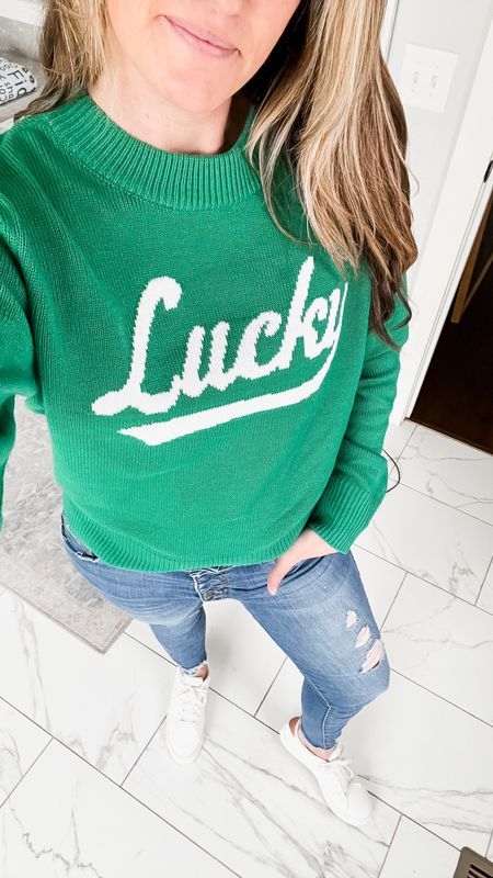 St. Patrick’s day outfit lucky sweater target apparel fashion finds and favorites Nike court legacy white sneakers tennis shoes spring outfit distressed denim skinny button fly jeans

#LTKshoecrush #LTKfindsunder50 #LTKstyletip