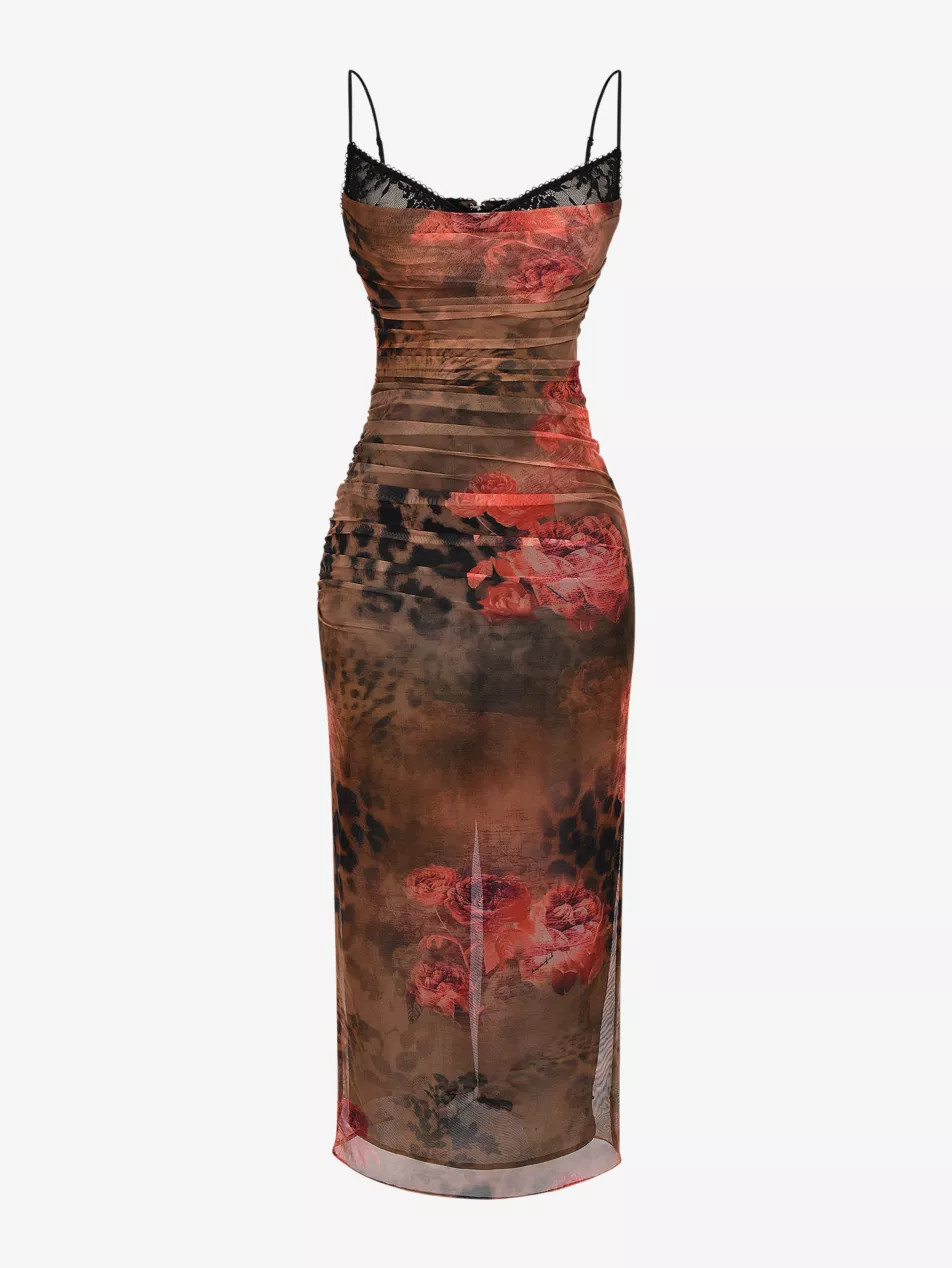 Nalini floral and leopard-print stretch-mesh midi dress | Selfridges