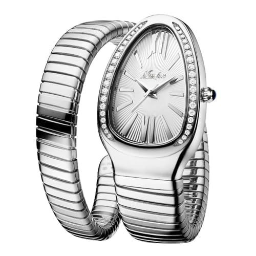 DAXIAOYU Classic Snake Shape Watch for Women Gold Silver Scaleable Bracelet Womens Watches Bling Diamonds Quartz Ladies Wristwatch (Silver) | Amazon (US)