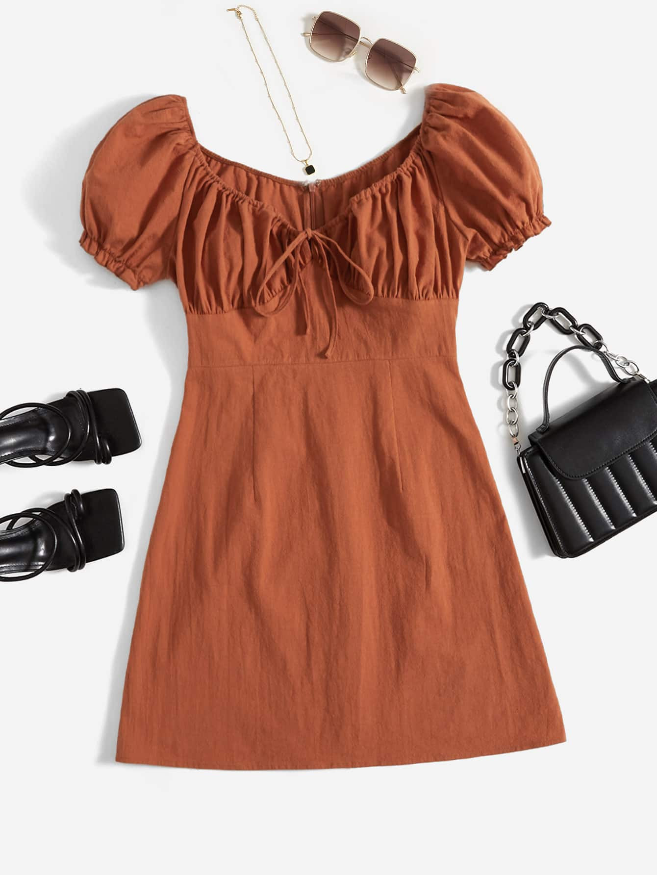 SHEIN VCAY Tie Front Ruched Bust Puff Sleeve Dress | SHEIN