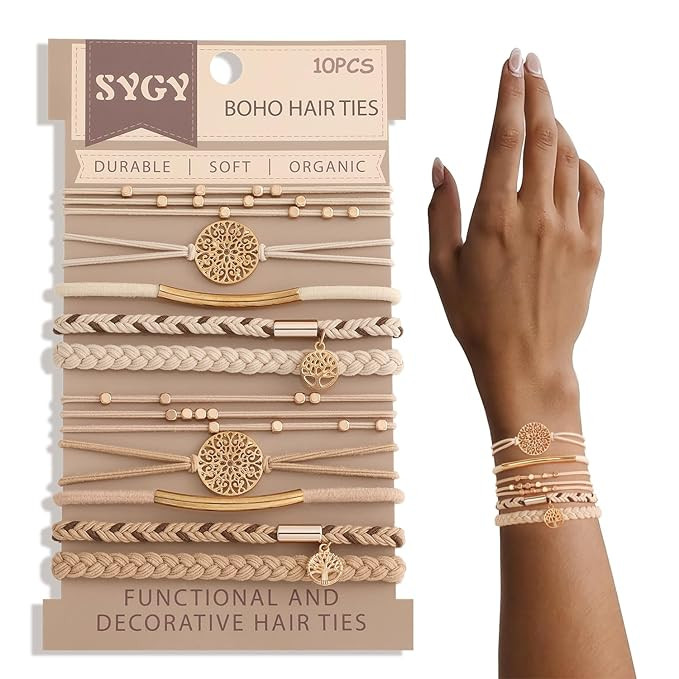 10 Boho Bracelets, Braided & Stretch Hair Ties for Thick/Thin Hair, 5 Styles, Light Coffee Colors... | Amazon (US)