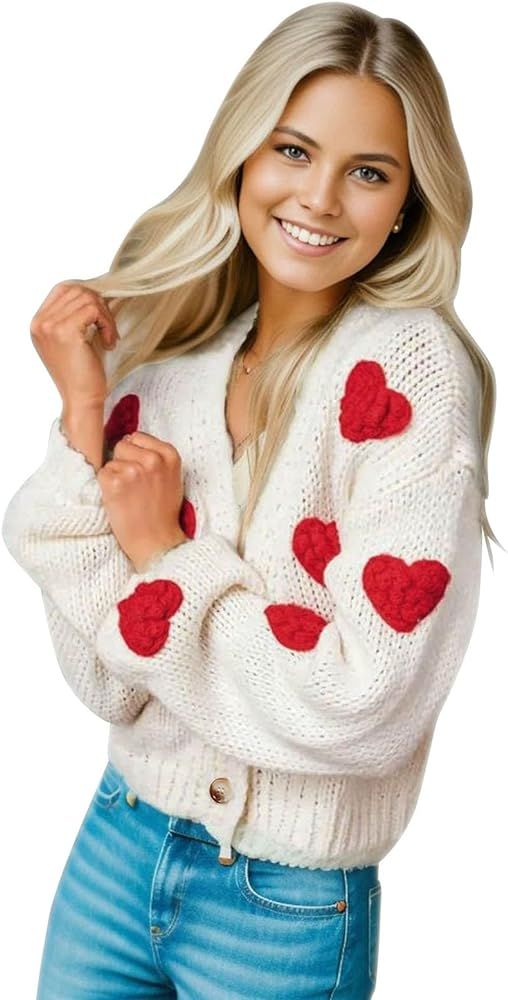 CHICWISH Women 3D Heart Open Front Cardigan Sweaters V-Neck Casual Button-Up Long Sleeve Cropped ... | Amazon (US)