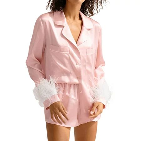 Women s Pajamas Sets Long Sleeve | Satin Sleepwear Set with Shorts | Feather Trim Nightwear Loungewe | Walmart (US)