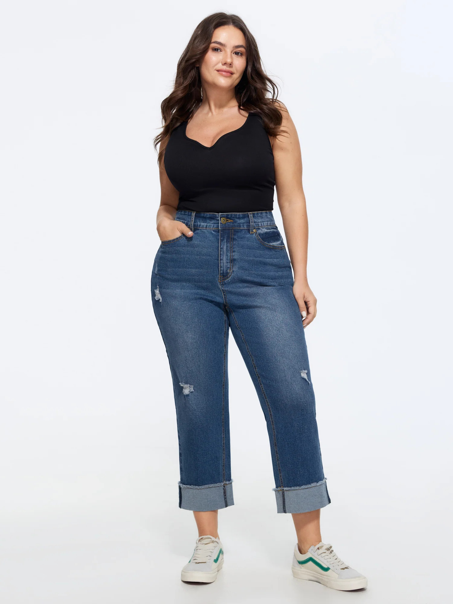 Stretchy Folded Hem Straight-Leg Jeans | Bloomchic