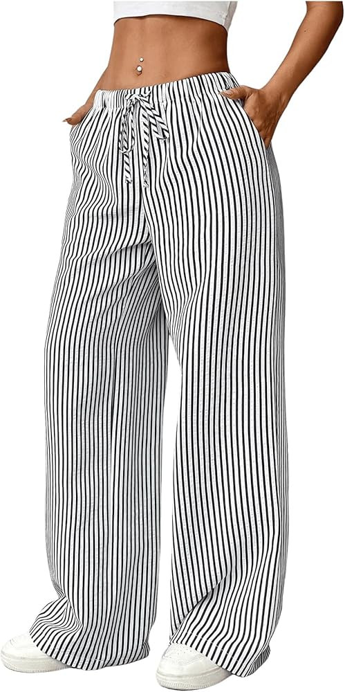 SweatyRocks Women's Y2K Striped Pants Wide Leg Drawstring High Waist Long Trousers with Pocket | Amazon (US)