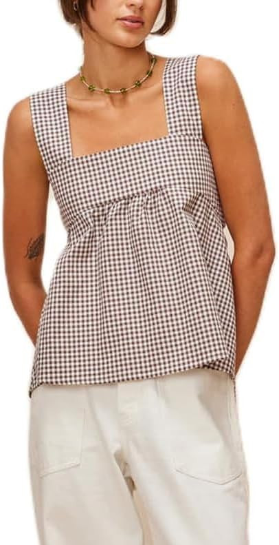 KOSUSANILL Y2k Gingham Tank Top Women Sleeveless Backless Square Neck Ruffle Peplum Babydoll Cami... | Amazon (US)