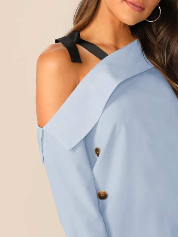 SHEIN Foldover Asymmetric Shoulder Button Detail Blouse | SHEIN