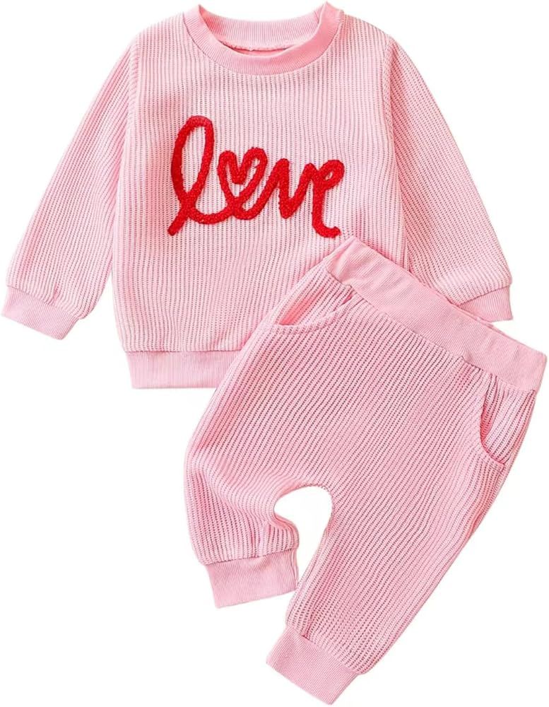 FIOMVA Baby Girl Clothes Long Sleeve Heart Print Sweatshirt Pullover Top+Long Pants Headband Set ... | Amazon (US)