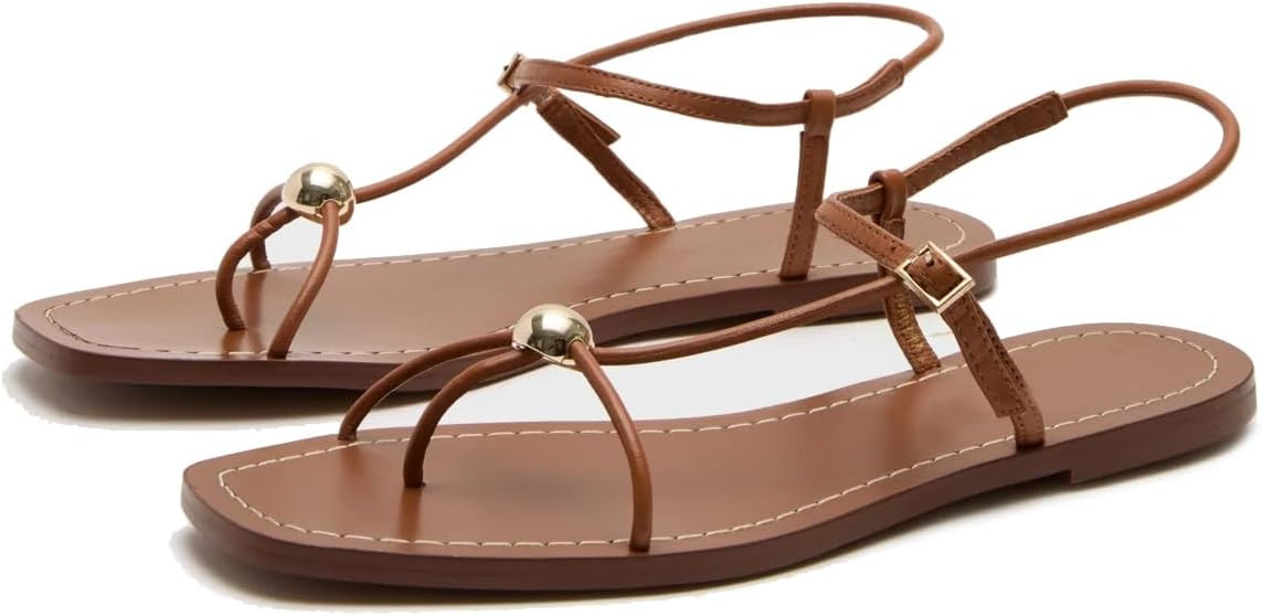 Strappy Flat Sandals for Women Open Square Toe Silver Ball Thong Sandal Summer Dressy Beach Flip ... | Amazon (US)