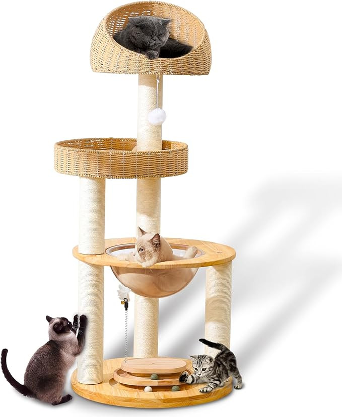 Cat Tree for Indoor Cats, 59'' Multi-Level Solid Wood Tower for Large Adult Cats, Heavy Duty Desi... | Amazon (US)