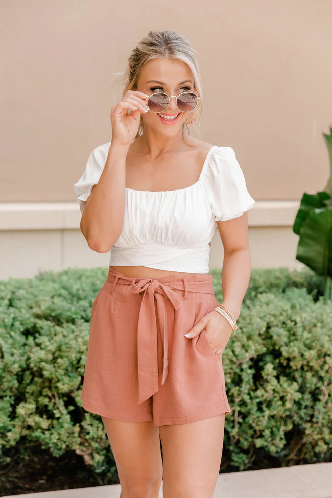 Bayside Stroll Terracotta Paperbag Linen Shorts FINAL SALE | Pink Lily