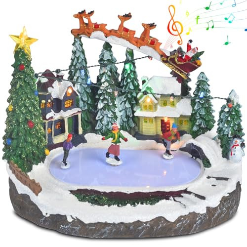 Christmas Village Ice Skating Pond Animated Decorations, Lighted Musical Winter Snow Village House Rink Building Figurine with Skaters Santa Sleigh and Reindeer, LED Light Up Holiday Indoor Town Decor | Amazon (US)