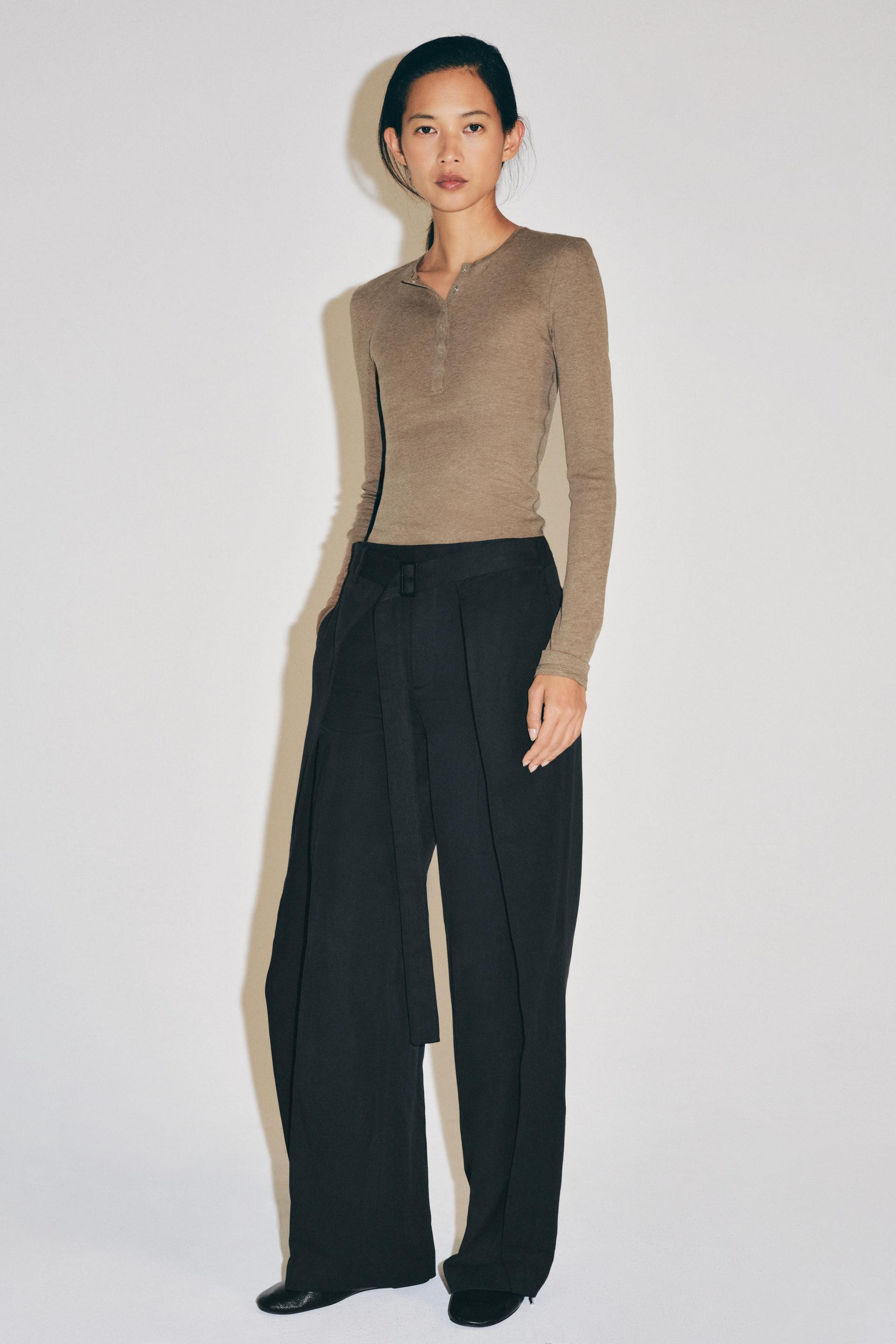 Zara - Henley T-Shirt - Taupe Grey - L - Woman | Zara UK