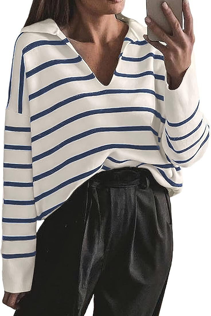 CFLONGE Women's Winter Casual Striped Long Sleeve Polo V Neck Pullover Sweater Loose Fit Drop Sho... | Amazon (US)