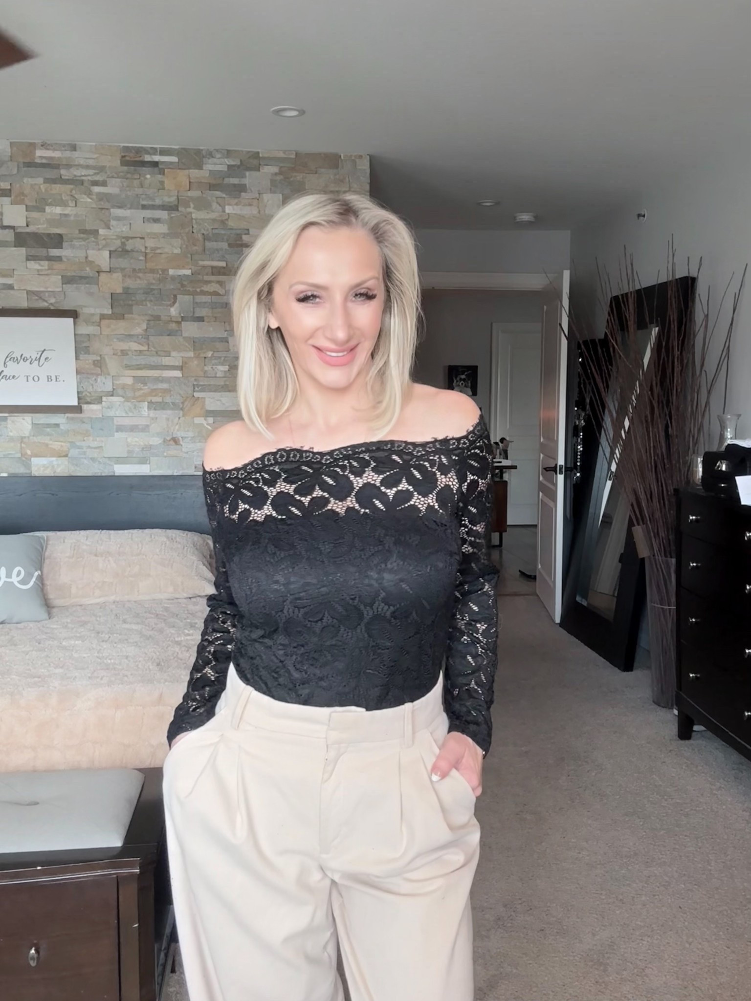 This black lace off
The shoulder top is perfect with pants or skirts and can go day to night! 

#LTKootd #LTKOver40 #LTKWorkwear
