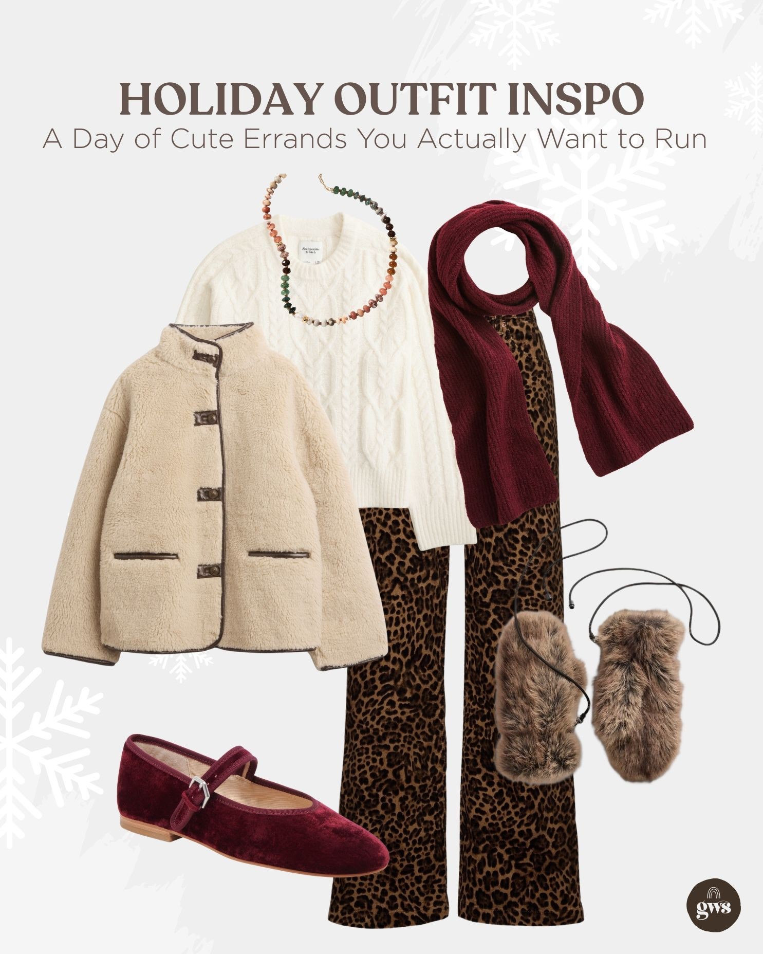 Holiday Outfit Inspo for a Day of Errands! Leopard pants with a white sweater and velvet ballet shoes. Paired with a comfy jacket and a burgundy scarf. 

#LTKSeasonal #LTKHoliday