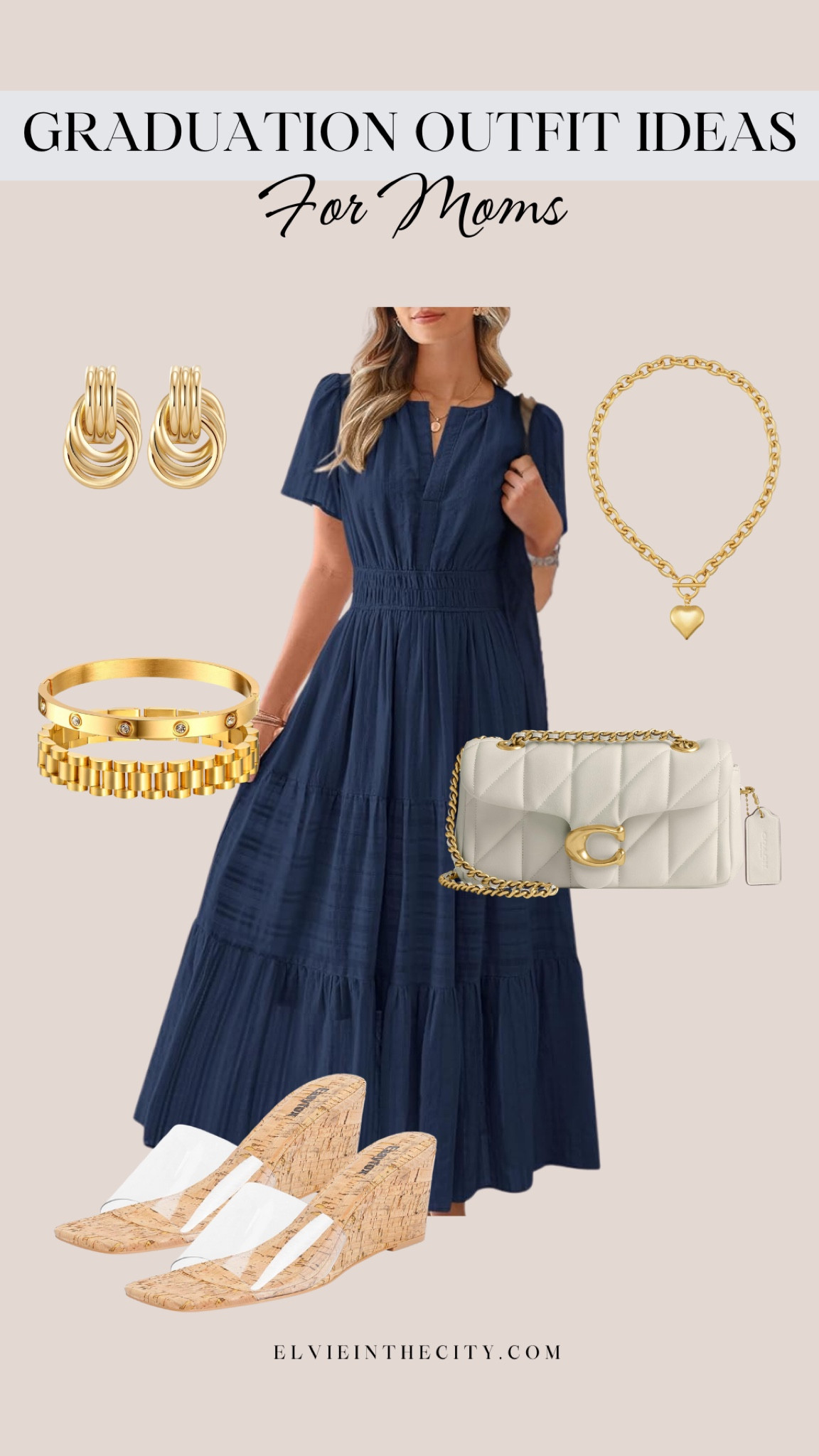 Graduation outfit idea for moms. This navy maxi dress pairs with clear wedge sandals, a cream Coach crossbody bag, gold earrings, a chunky gold heart necklace, and a gold bracelet stack.

Graduation outfit idea, spring dress, Easter dress, amazon fashion, affordable fashion, fashion over 40, over 50 style

#LTKShoeCrush #LTKStyleTip #LTKFindsUnder50
