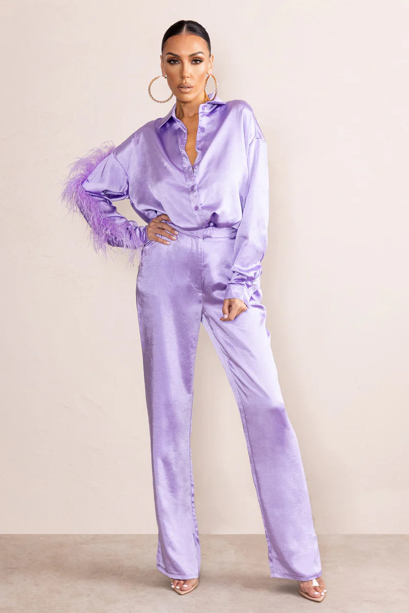 Evening Memories  Lilac Satin Wide Leg Trousers | Club L London