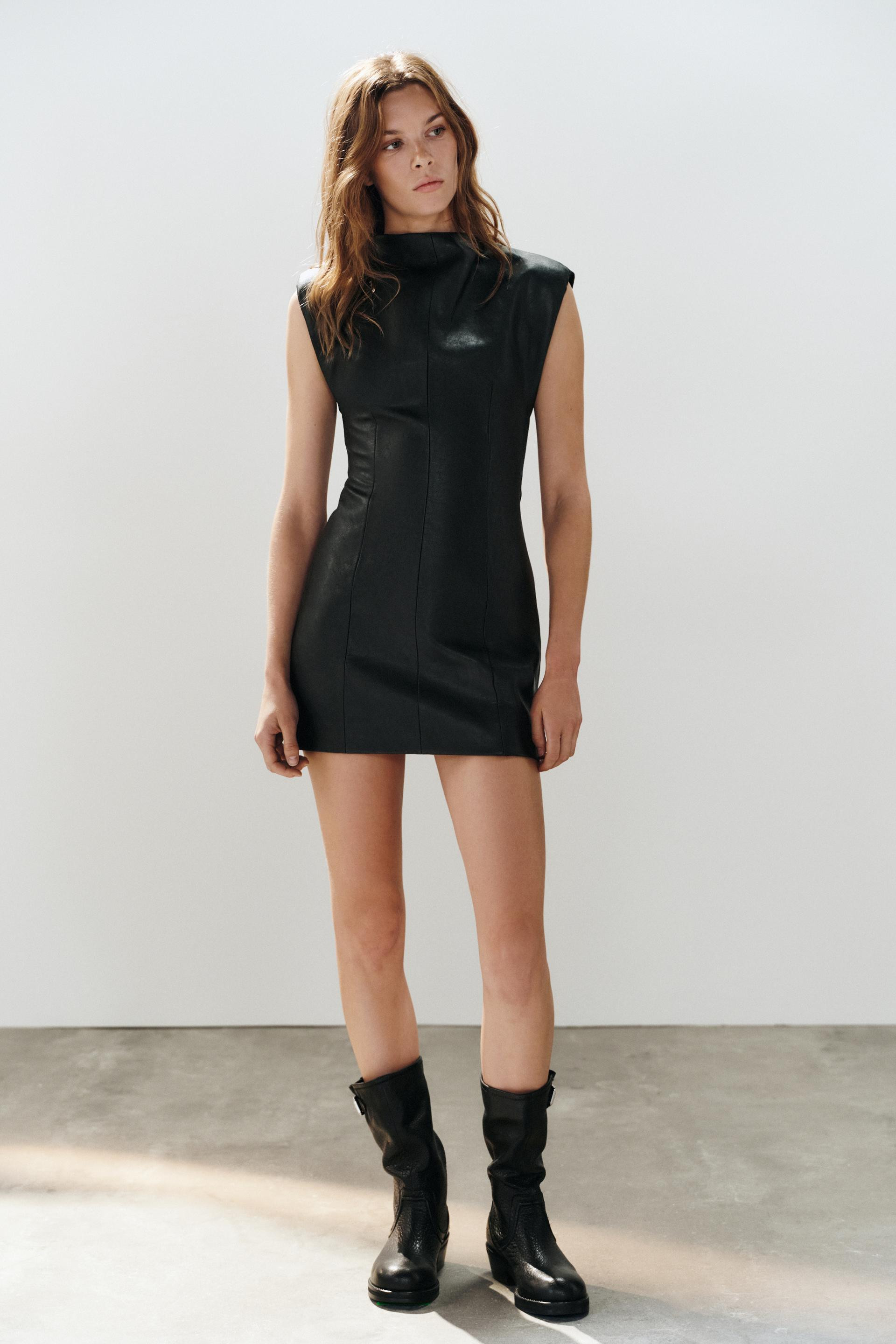 Zara - Leather Effect Short Dress With Shoulder Pads - Black - Xs - Woman | Zara UK