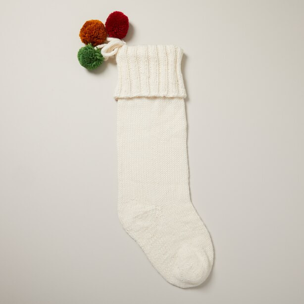 OVERSIZED KNIT POM POM STOCKING, IVORY | Indigo (CA)