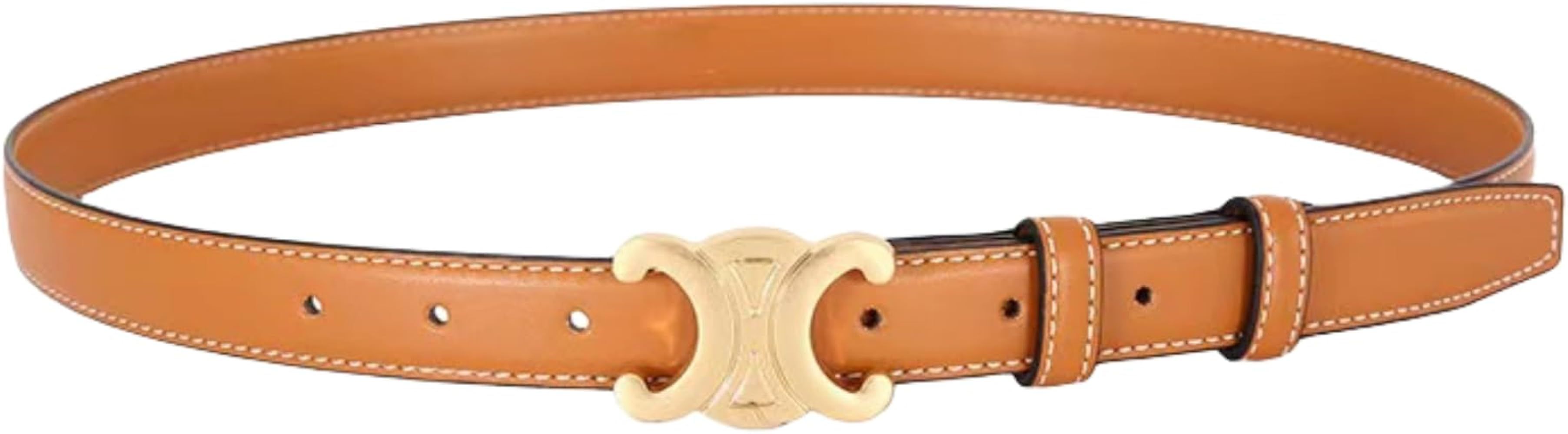 Womens Leather Belt With Gold Color Buckle, Soft Leather Waist Belt with Pin Buckle for Jeans Pan... | Amazon (US)