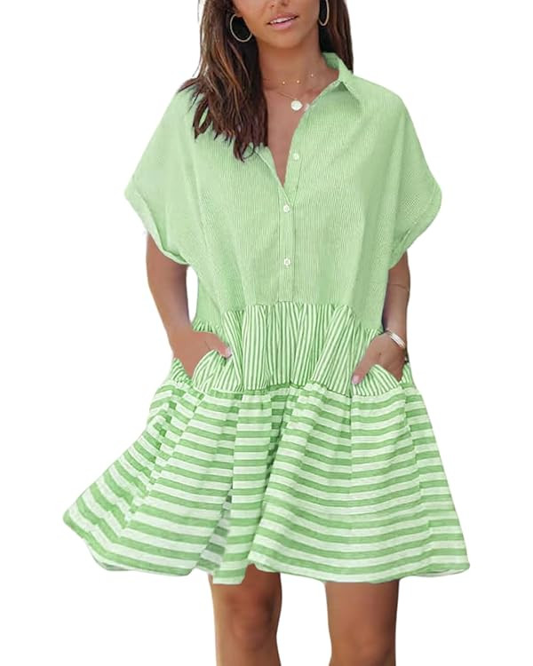 chouyatou Women Summer Beach Short Sleeve Striped Shirt Dress Button Down Tiered Mini Tunic Babyd... | Amazon (US)