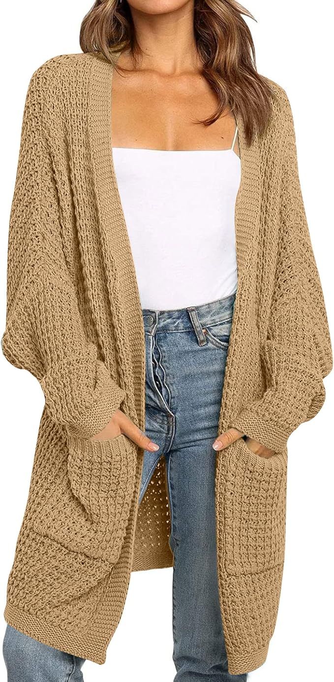 ZESICA Women's 2023 Fall Long Batwing Sleeve Open Front Chunky Knit Cardigan Sweater | Amazon (US)