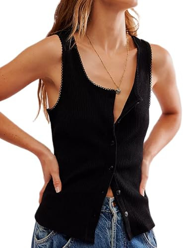 KMBANGI Womens Ribbed Button Tank Top Scoop Neck Lace Trim Fitted Tee Tops Sleeveless Y2k Button Up Open Front Vest(Basic Black,L) | Amazon (US)