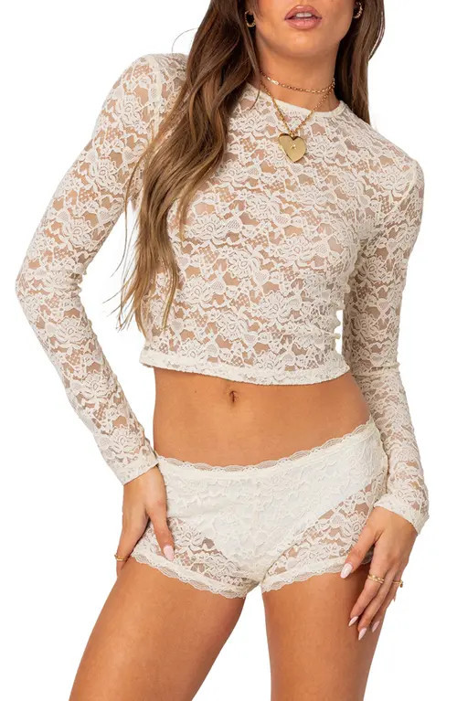 EDIKTED Estella Sheer Lace Crop Top in Cream at Nordstrom, Size X-Small | Nordstrom
