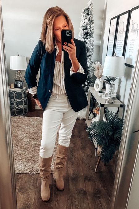 Everything is on SALE!! Jeans are from J.Crew Factory, fits tts, have stretch 60% off. Navy blazer 50% off from Old Navy, striped button down by The Limited only $25! Steve Madden boots on sale 35% off with extra 10% off using code CYBERDEAL

Casual outfit, fall outfits, winter outfit, blazer, jeans, boots, winter boots, sale, gift ideas, gift guides, deals. Fashion over 40

#LTKover40 #LTKstyletip #LTKsalealert