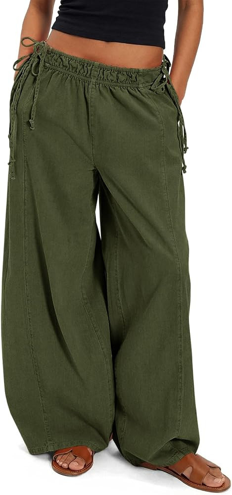 Fisoew Womens Wide Leg Pants Casual Low Rise Loose Drawstring Elastic Waisted Cotton Fall Pants | Amazon (US)