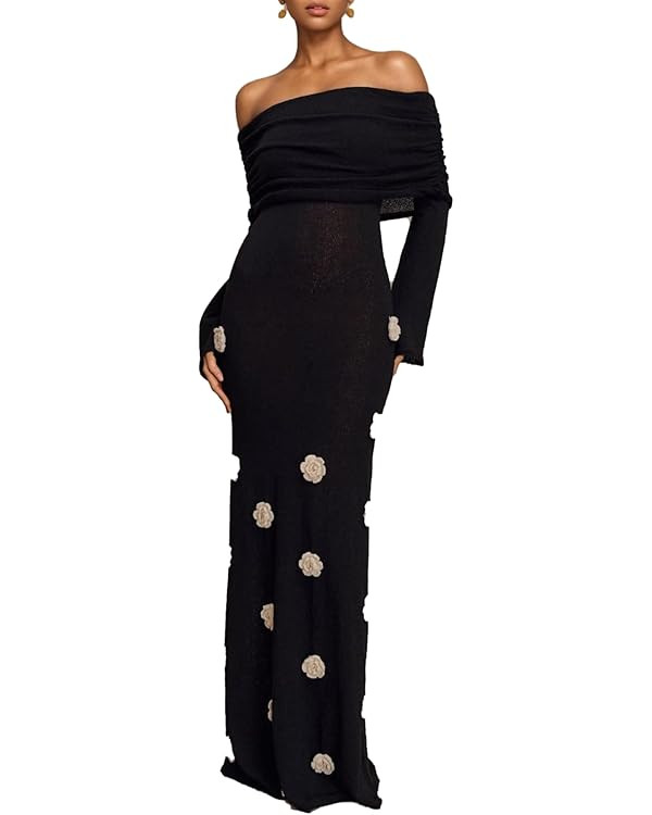 Unybwonn Women Sexy Off Shoulder Crochet Maxi Dress Bodycon Stretchy Mesh Knit Dress Long Sleeve ... | Amazon (US)