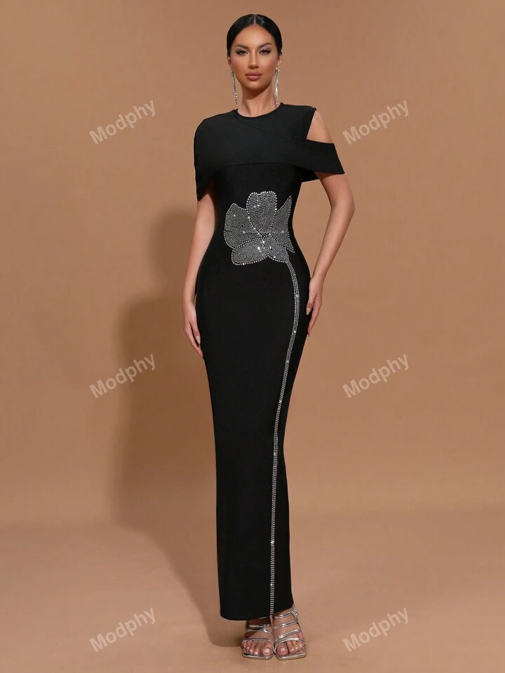 Modphy Fashionable Sexy Rhinestone Floral Round Neck Short Sleeve Bandage Bodycon Party Evening D... | SHEIN
