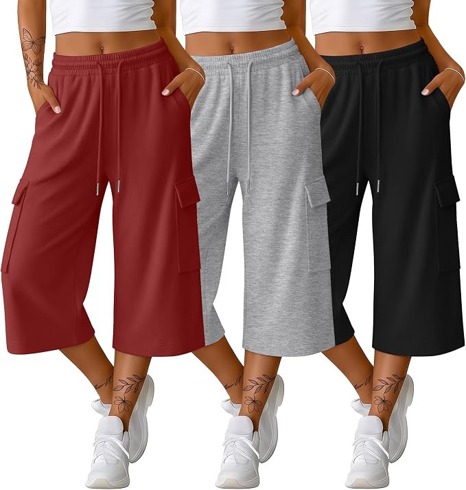 3 Pack Women's Capri Pants Wide Leg Baggy Athletic Cropped Sweatpants Casual Loose Cargo Capris w... | Amazon (US)