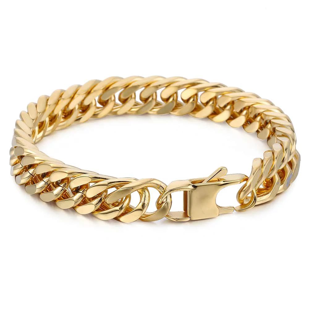 10mm Wide Gold Color 316L Stainless Steel Bracelet Cut Double Curb Link Rombo Mens Chain | Walmart (US)