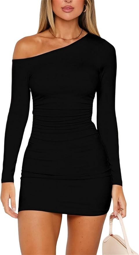ForeFair Women's Off The Shoulder Long Sleeve Mini Dresses Double Lined Ruched Bodycon Club Party... | Amazon (US)