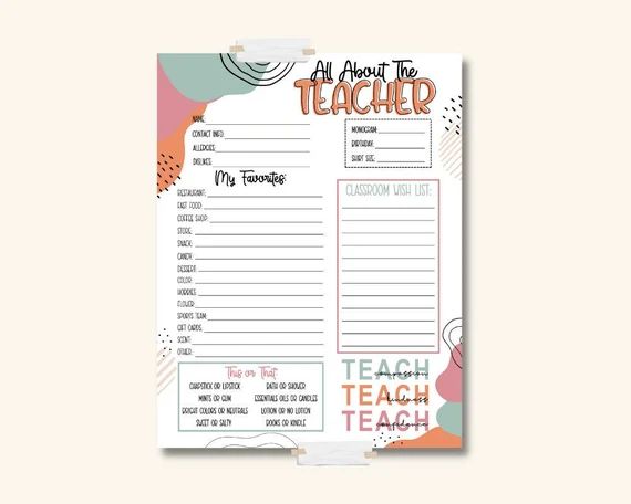 All About The Teacher Questionnaire/Back to School/teacher appreciation/printable/teacher gifts | Etsy (US)