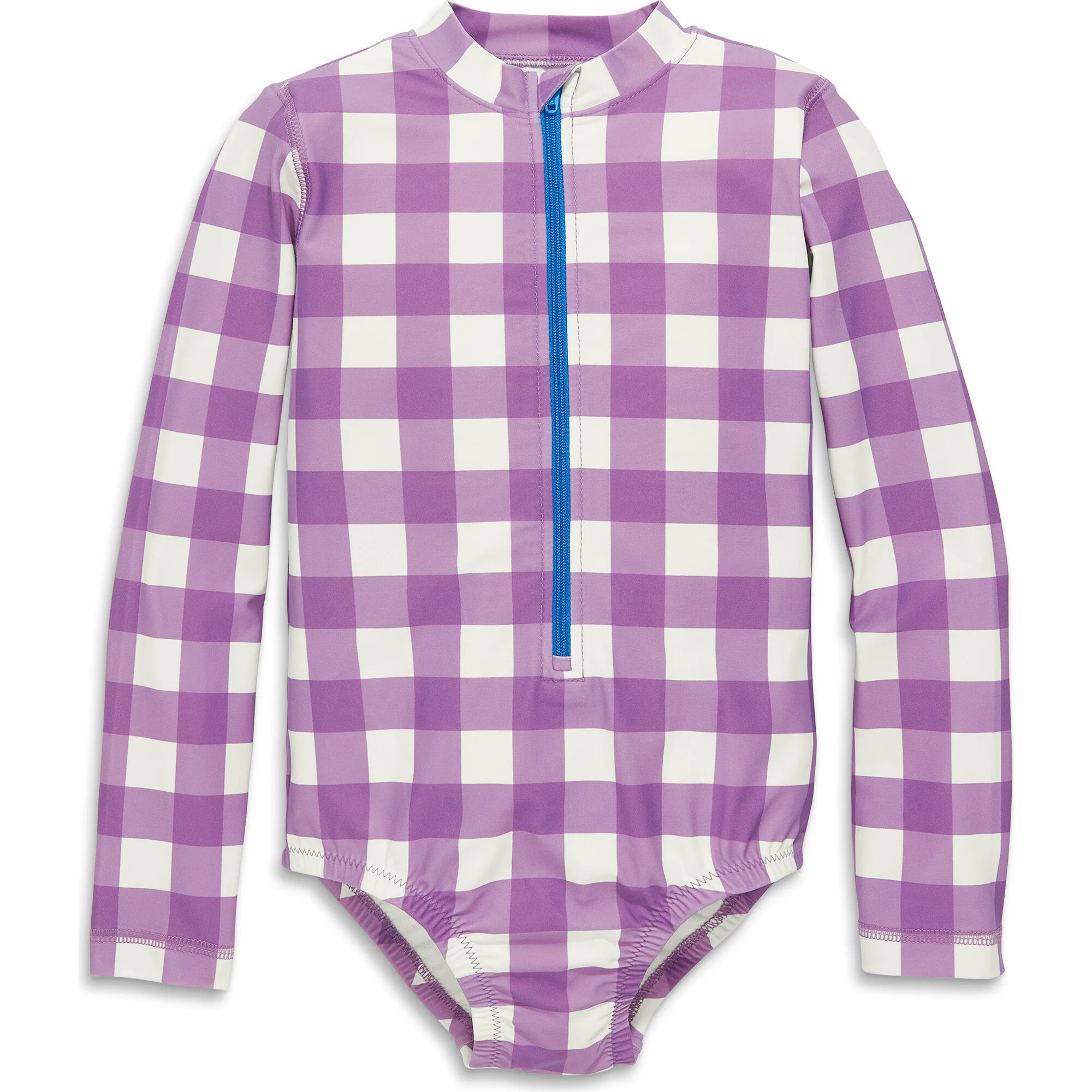 Long Sleeve One-Piece Rash Guard In Gingham, Lavender Gingham | Maisonette