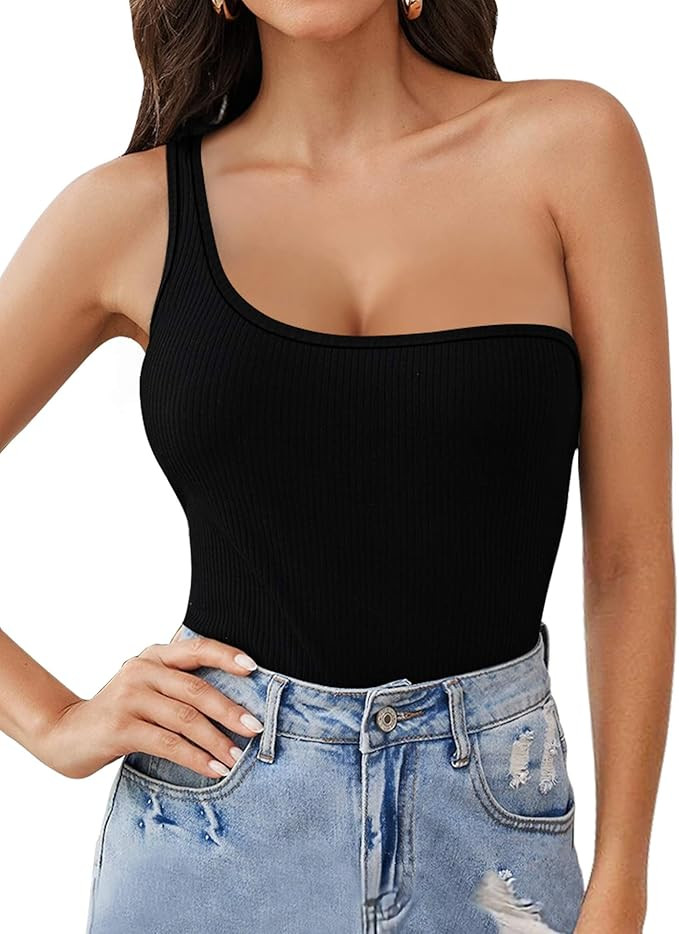 ALGALAROUND Women's One Shoulder Off Tank Tops Rib-Knit Sleeveless/Long Sleeve Bodycon T-Shirts | Amazon (US)
