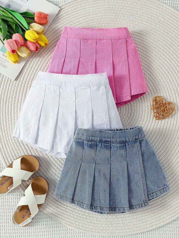 3pcs Set Baby Girls Denim Pleated Skort, Soft Waist Casual Simple Jeans Skirts, Spring & Summer S... | SHEIN