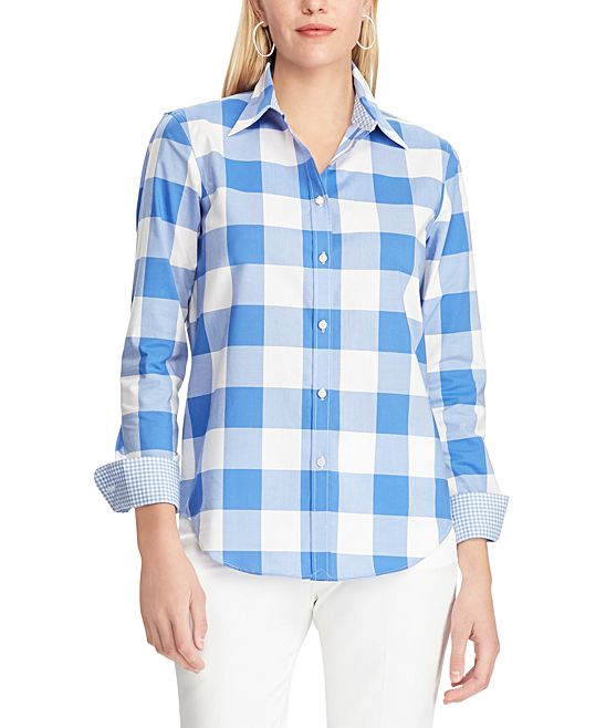 Chaps Women's Button Down Shirts BLUE/WHITE - Blue & White Buffalo Check Button-Up - Women | Zulily