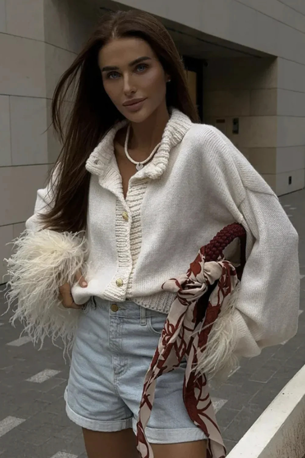 Womens Womans Chic Feather Cuff Cardigan with Gold Button Detail White / M | Mia Belle Girls